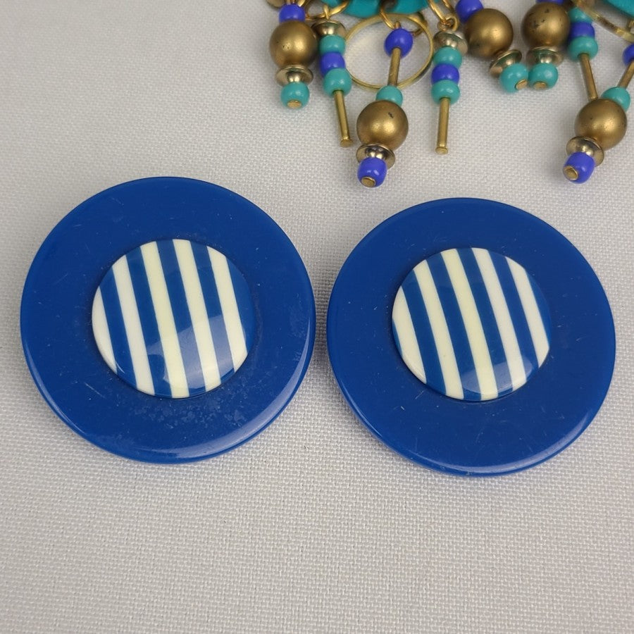 Vintage 80s Blue & Gold Clip On Earrings 3 Pairs