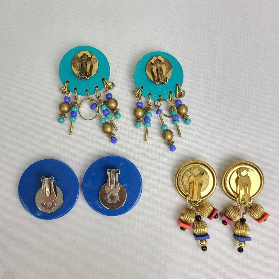 Vintage 80s Blue & Gold Clip On Earrings 3 Pairs