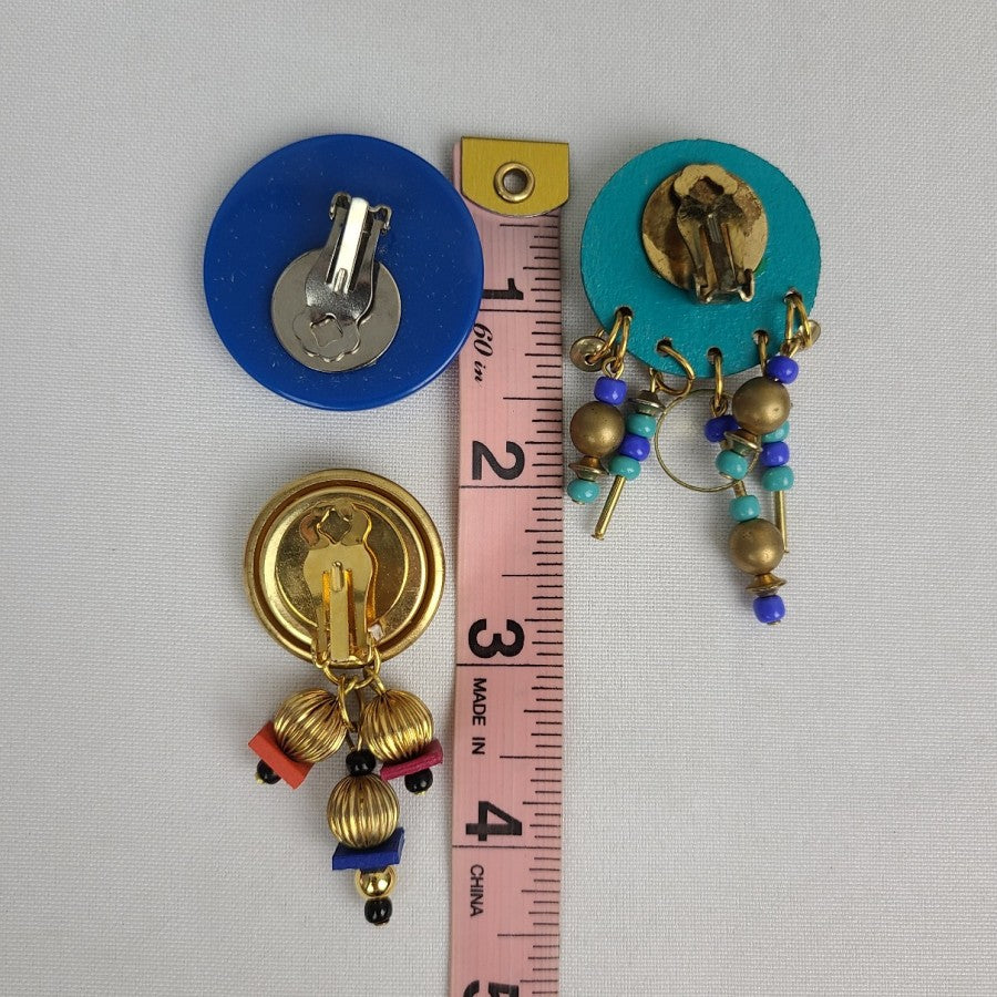 Vintage 80s Blue & Gold Clip On Earrings 3 Pairs