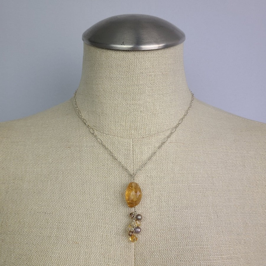 925 Sterling Silver Amber Glass Beaded Pendant Necklace