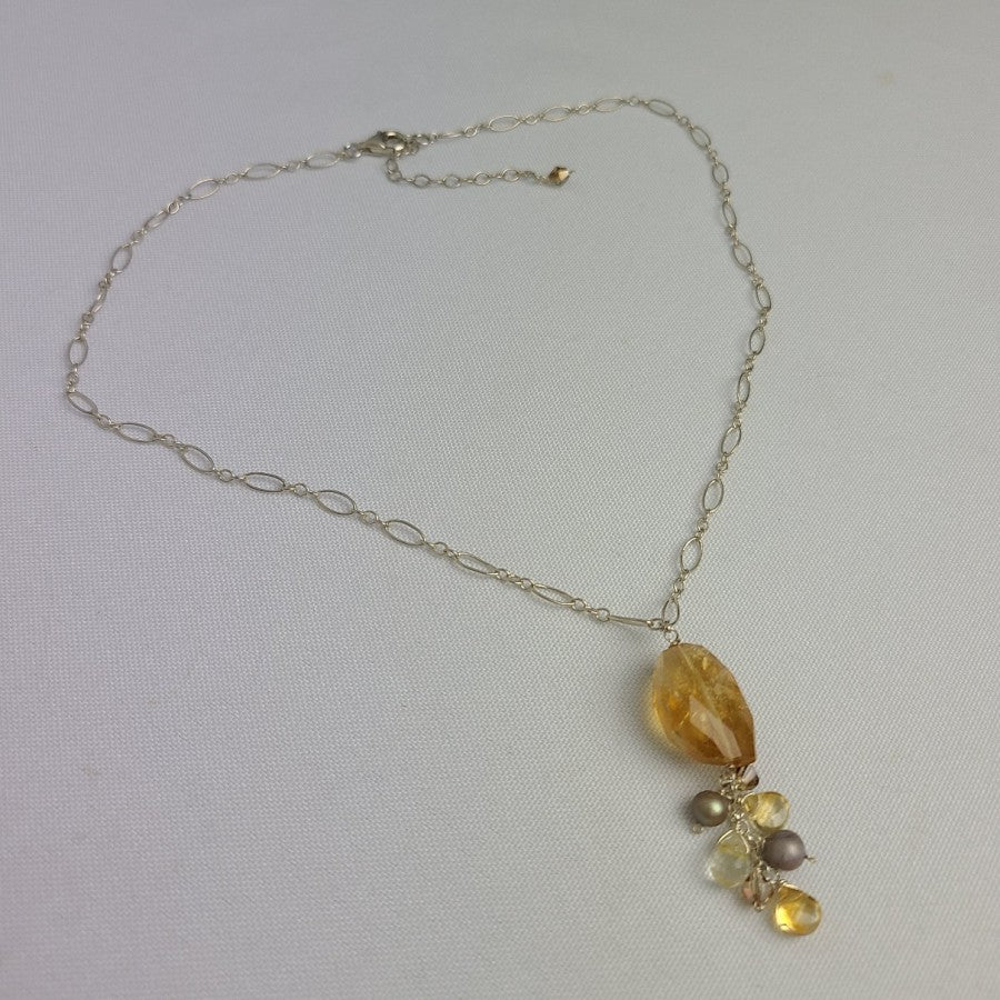 925 Sterling Silver Amber Glass Beaded Pendant Necklace
