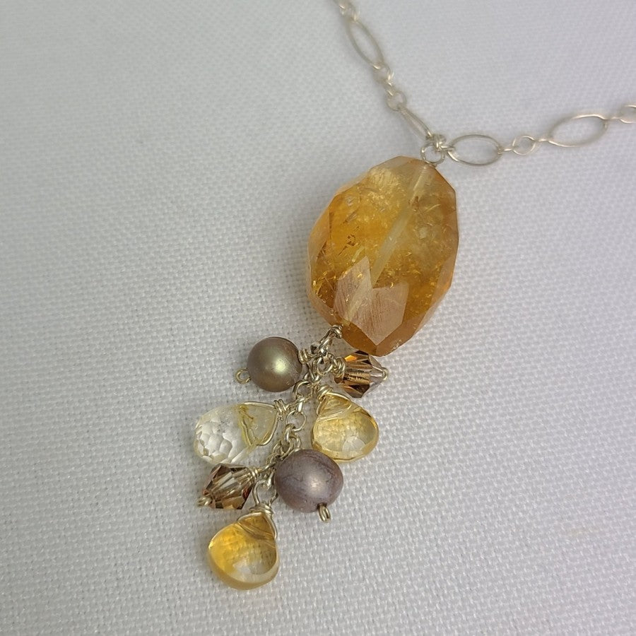 925 Sterling Silver Amber Glass Beaded Pendant Necklace