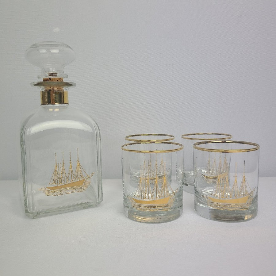 Vintage Italy Sailing Ship 22Kt Gold Gild Decanter & Glasses Set