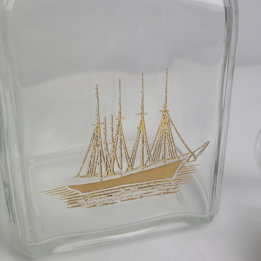 Vintage Italy Sailing Ship 22Kt Gold Gild Decanter & Glasses Set