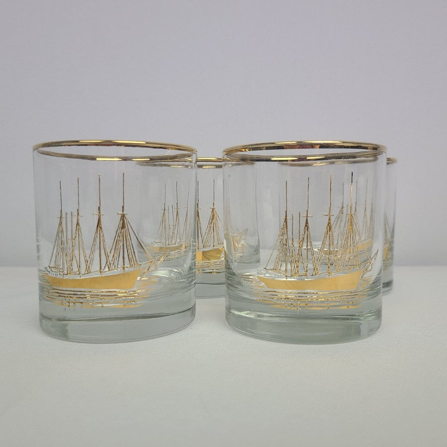 Vintage Italy Sailing Ship 22Kt Gold Gild Decanter & Glasses Set