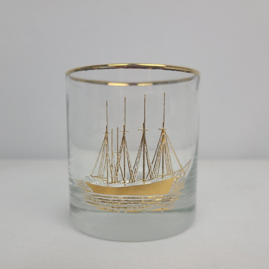 Vintage Italy Sailing Ship 22Kt Gold Gild Decanter & Glasses Set