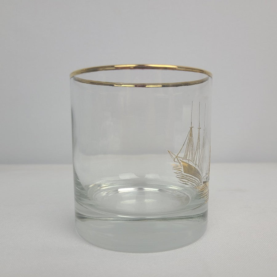 Vintage Italy Sailing Ship 22Kt Gold Gild Decanter & Glasses Set
