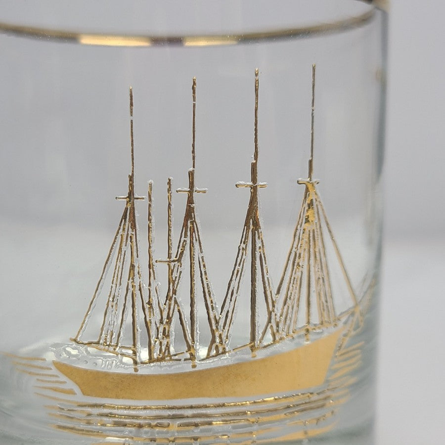 Vintage Italy Sailing Ship 22Kt Gold Gild Decanter & Glasses Set