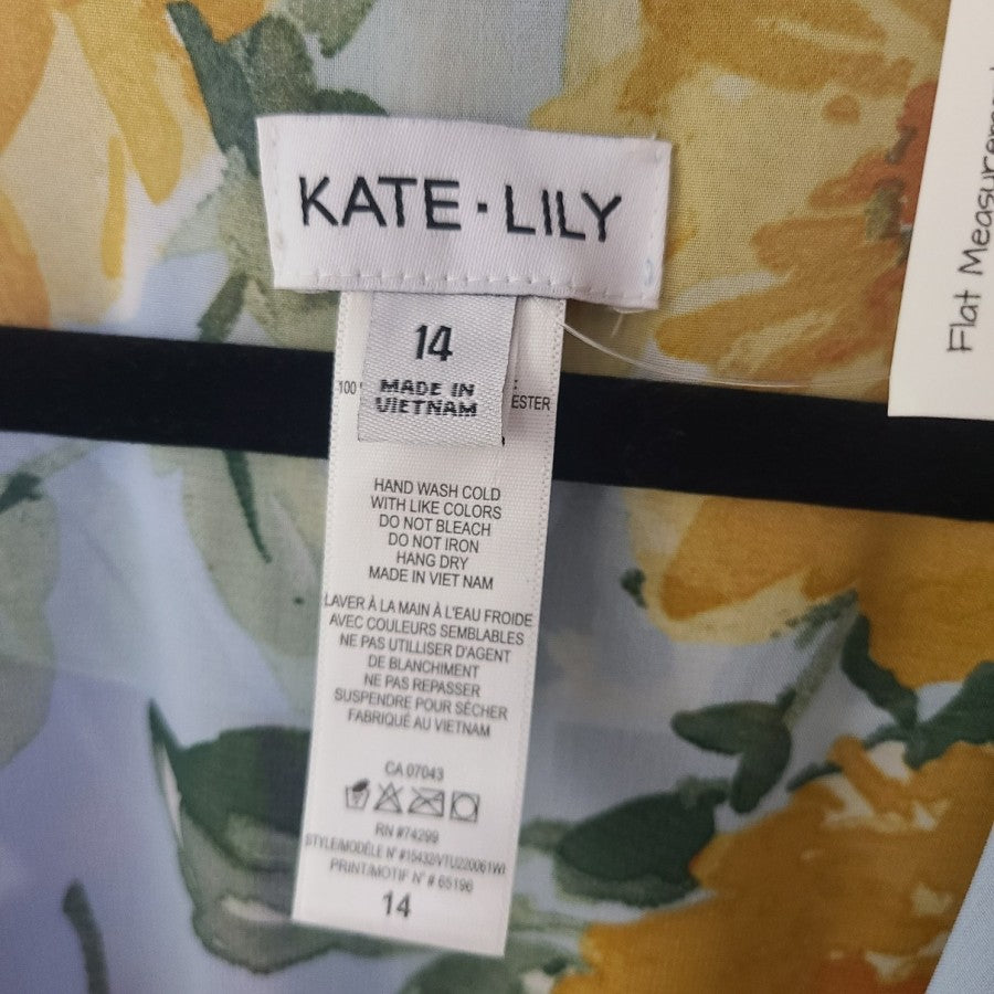 Kate Lily Blue Yellow Rose Floral Ruffle Dress Size 14