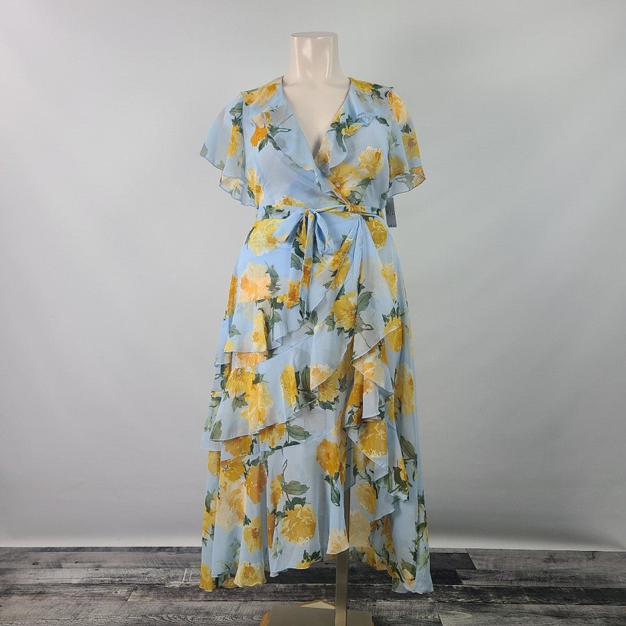 Kate Lily Blue Yellow Rose Floral Ruffle Dress Size 14