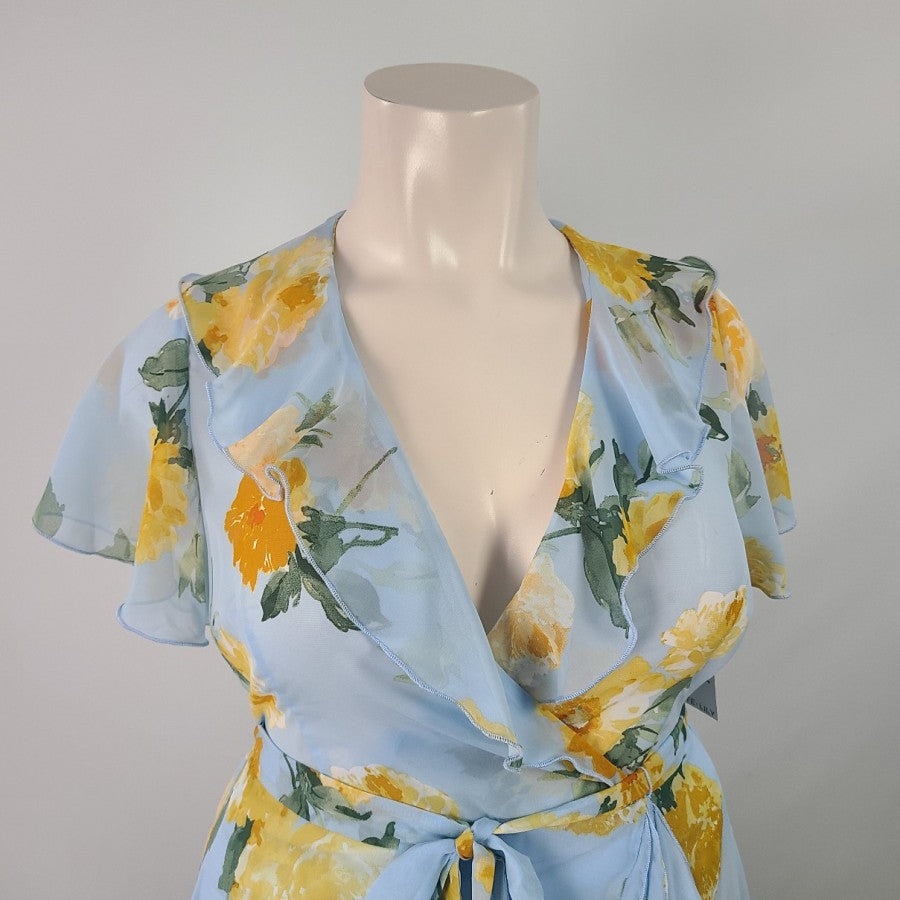 Kate Lily Blue Yellow Rose Floral Ruffle Dress Size 14