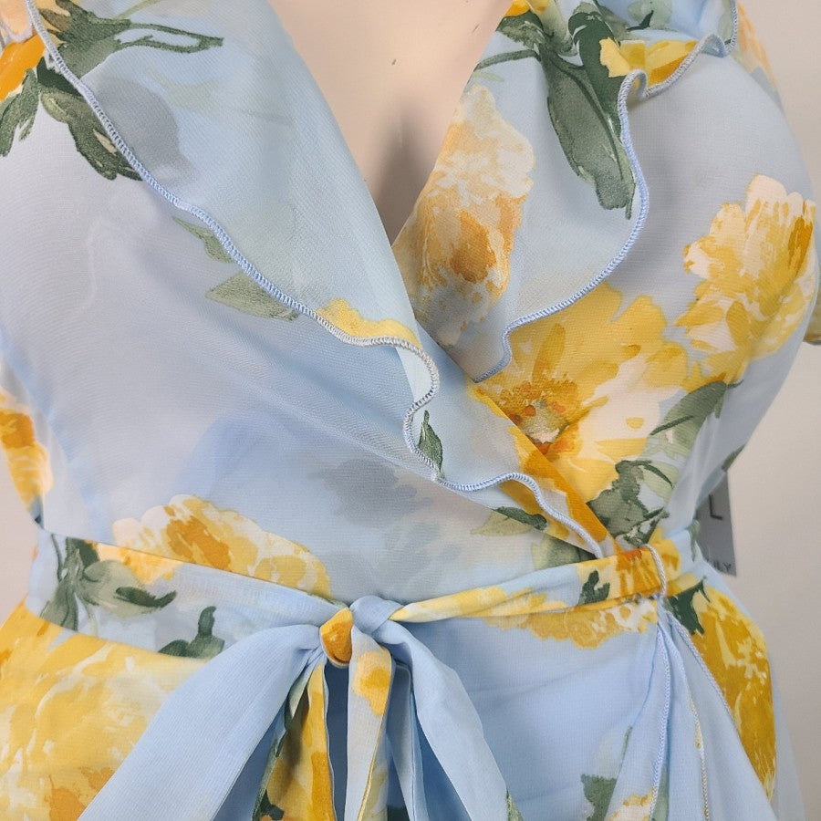 Kate Lily Blue Yellow Rose Floral Ruffle Dress Size 14