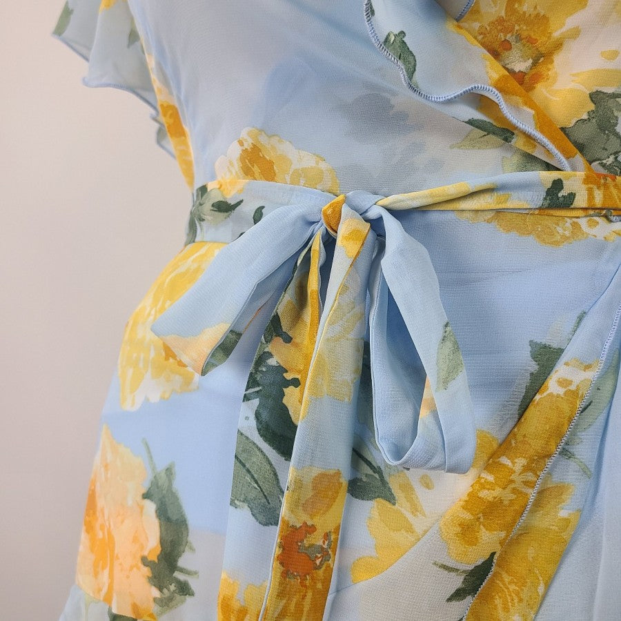 Kate Lily Blue Yellow Rose Floral Ruffle Dress Size 14