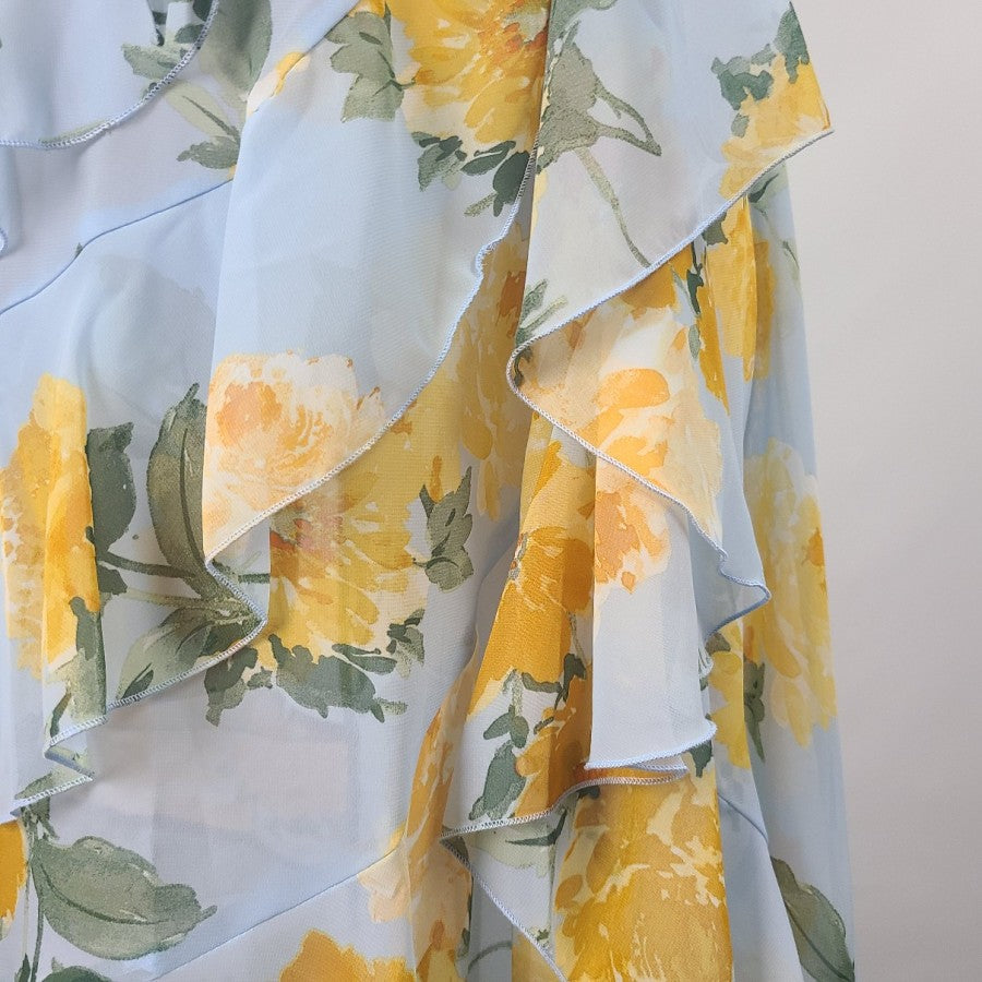 Kate Lily Blue Yellow Rose Floral Ruffle Dress Size 14