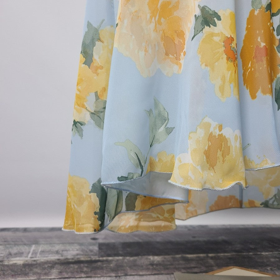 Kate Lily Blue Yellow Rose Floral Ruffle Dress Size 14