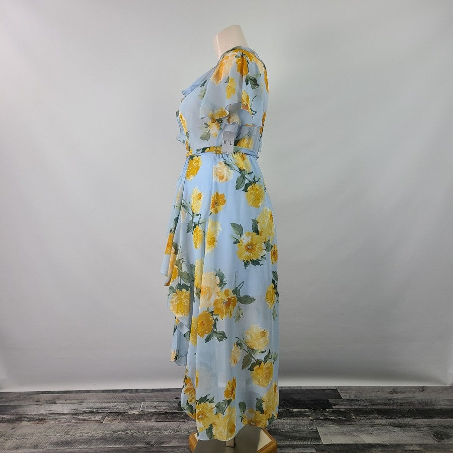 Kate Lily Blue Yellow Rose Floral Ruffle Dress Size 14