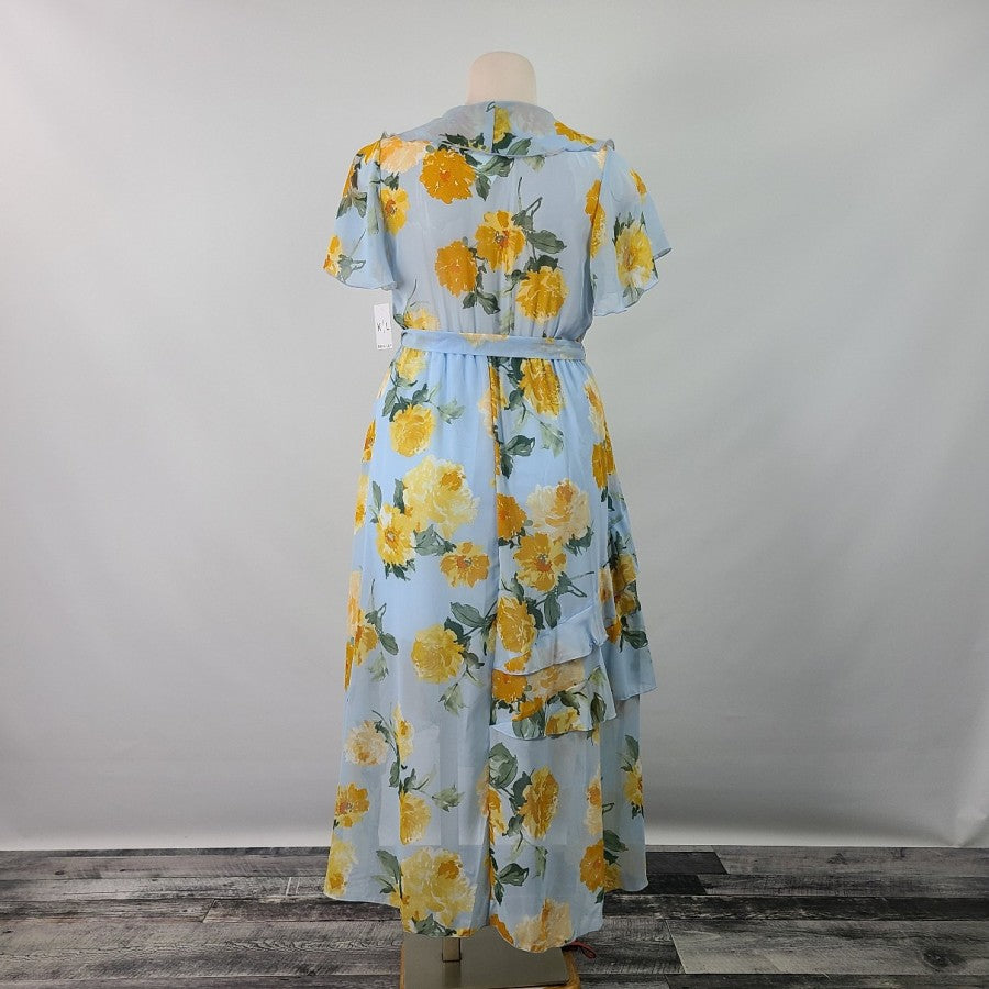 Kate Lily Blue Yellow Rose Floral Ruffle Dress Size 14