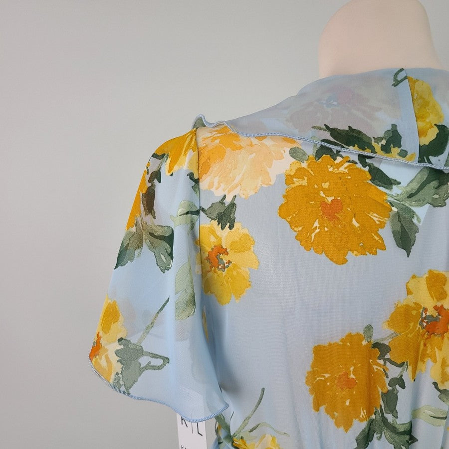 Kate Lily Blue Yellow Rose Floral Ruffle Dress Size 14