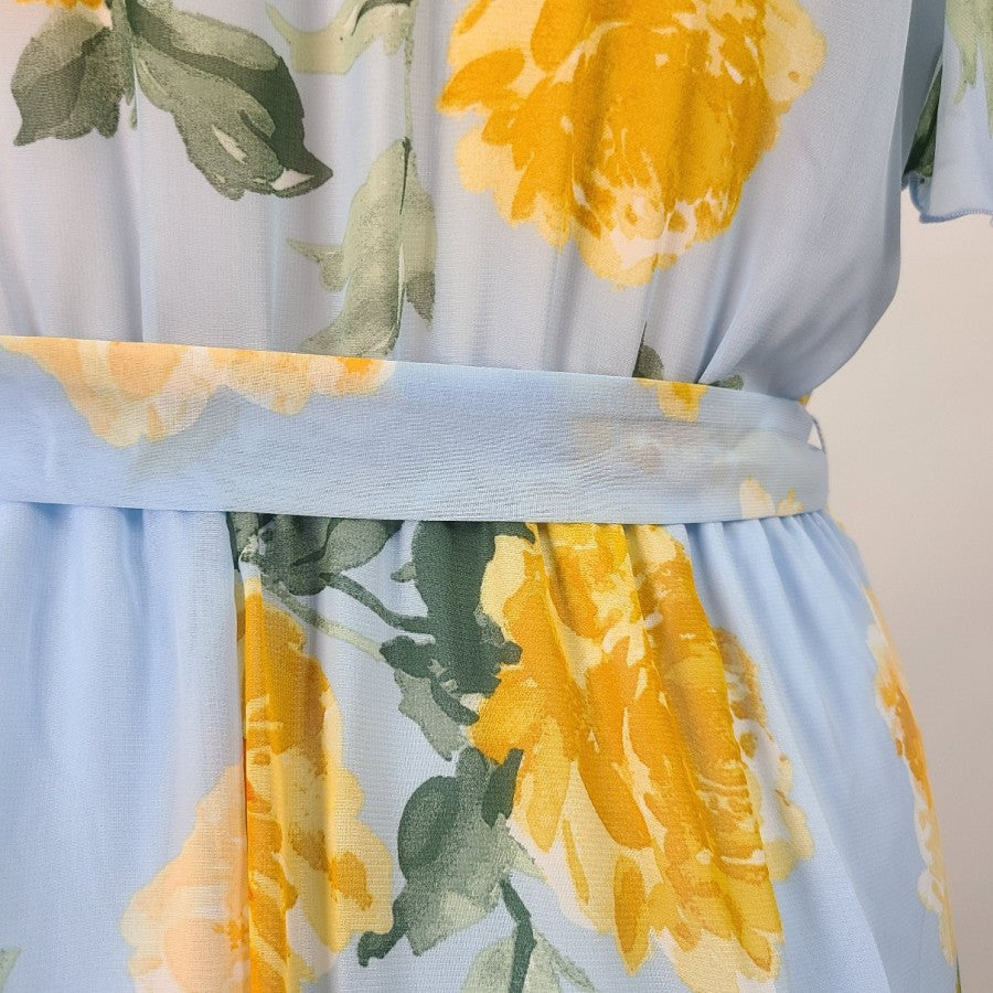 Kate Lily Blue Yellow Rose Floral Ruffle Dress Size 14