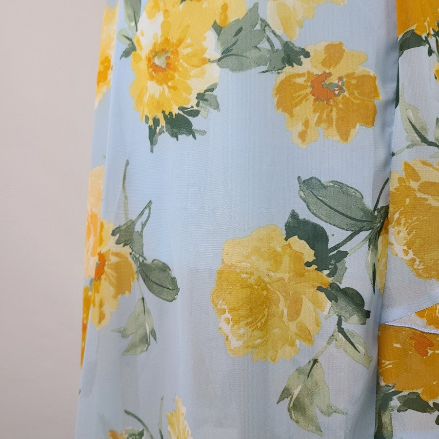 Kate Lily Blue Yellow Rose Floral Ruffle Dress Size 14