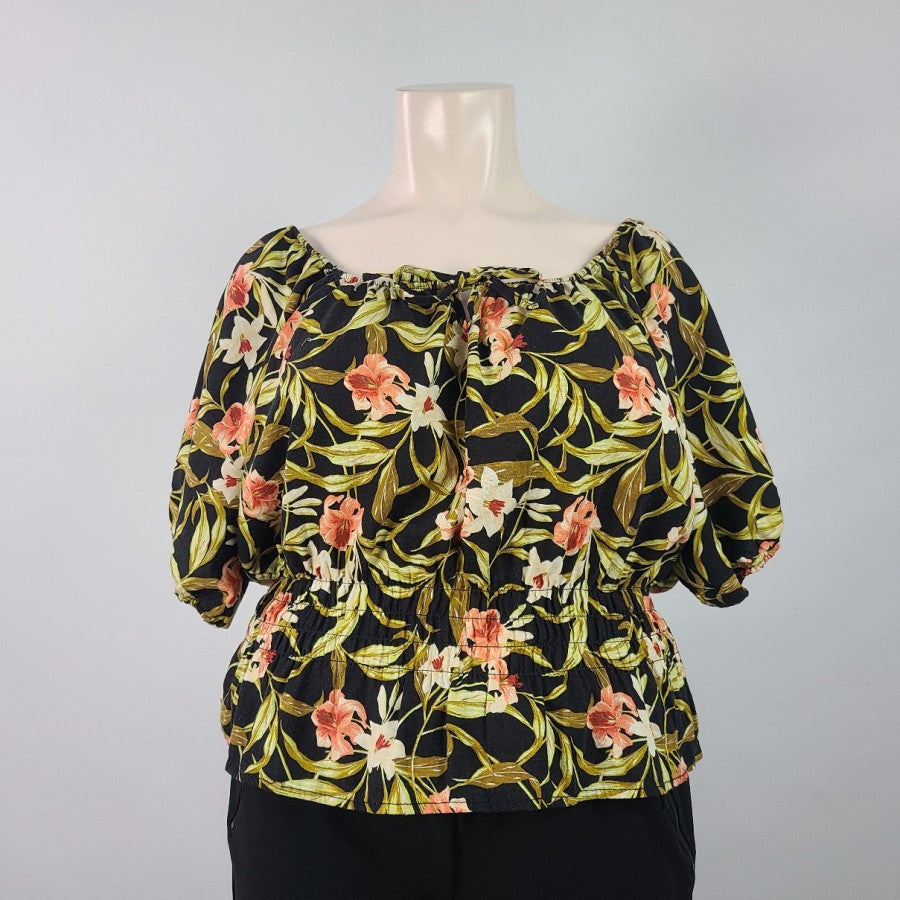 Kensie Jeans Black Floral Linen Cotton Ruffle Peplum Top Size XL