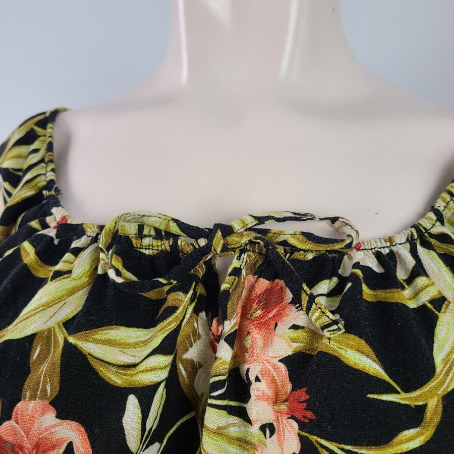 Kensie Jeans Black Floral Linen Cotton Ruffle Peplum Top Size XL