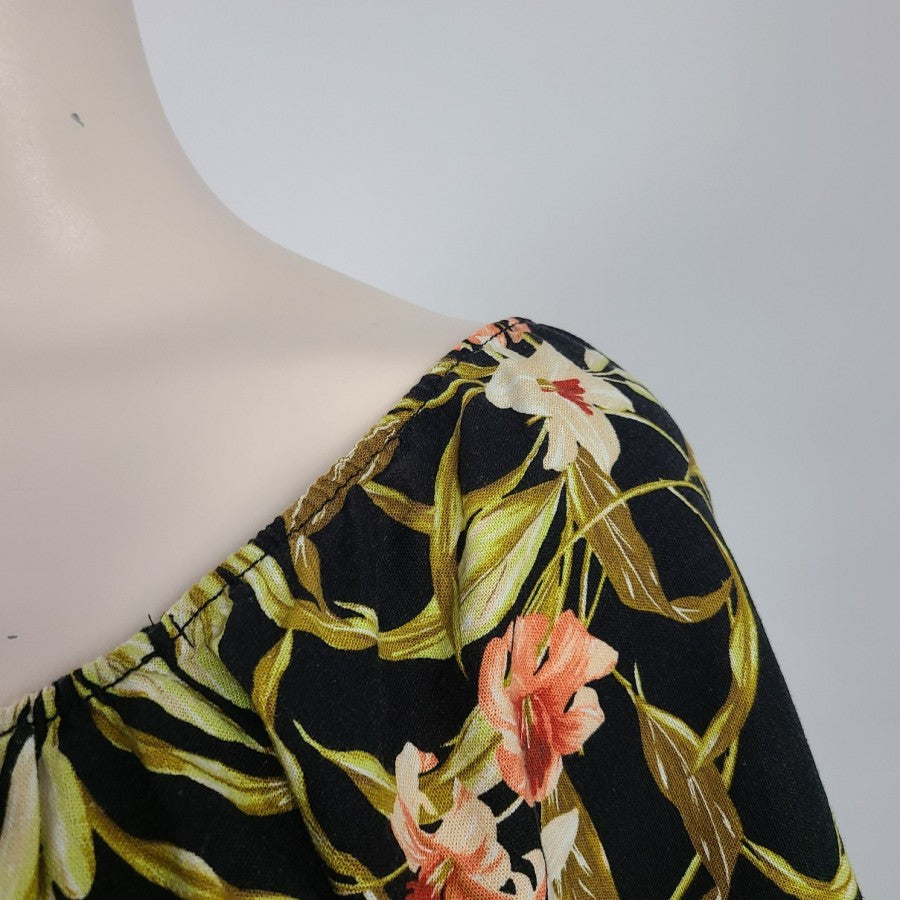 Kensie Jeans Black Floral Linen Cotton Ruffle Peplum Top Size XL