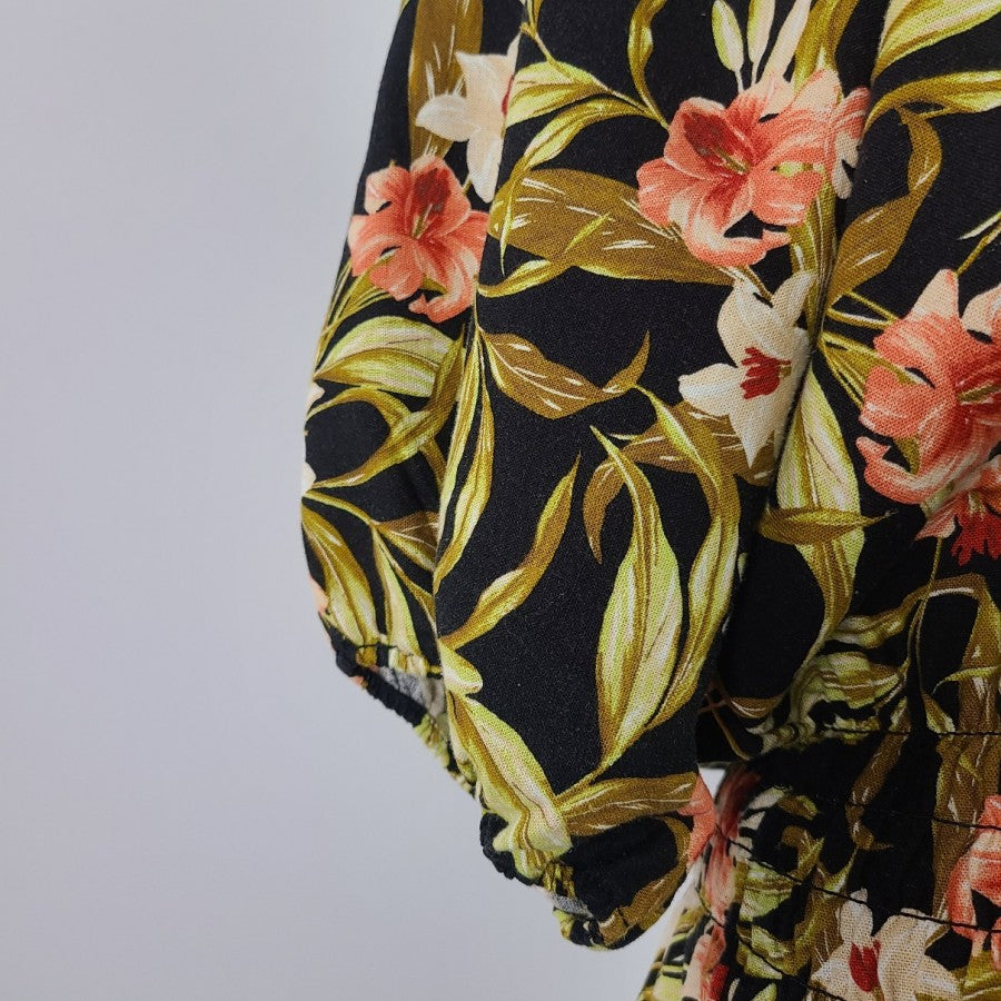 Kensie Jeans Black Floral Linen Cotton Ruffle Peplum Top Size XL