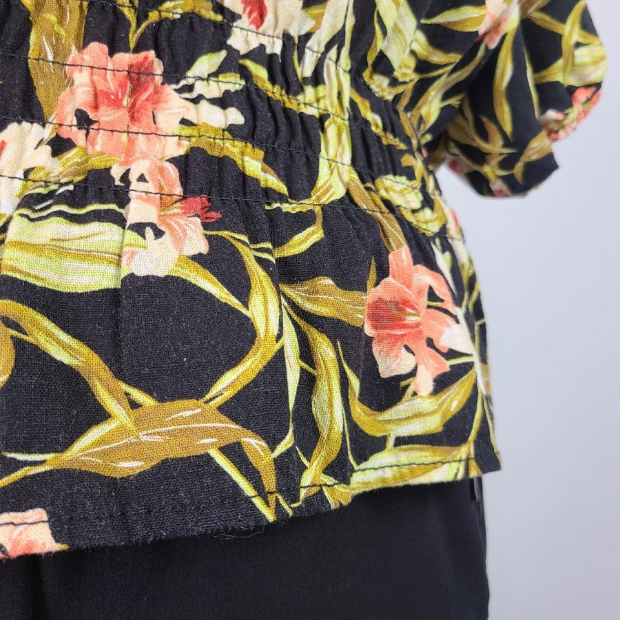 Kensie Jeans Black Floral Linen Cotton Ruffle Peplum Top Size XL