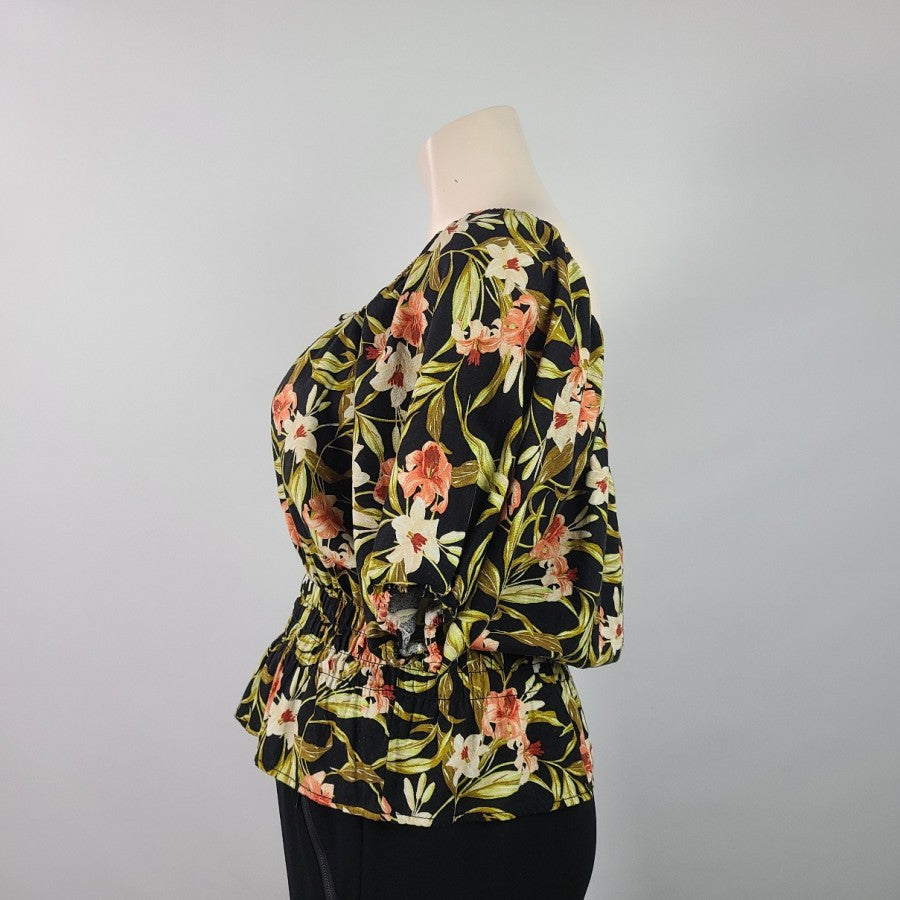 Kensie Jeans Black Floral Linen Cotton Ruffle Peplum Top Size XL