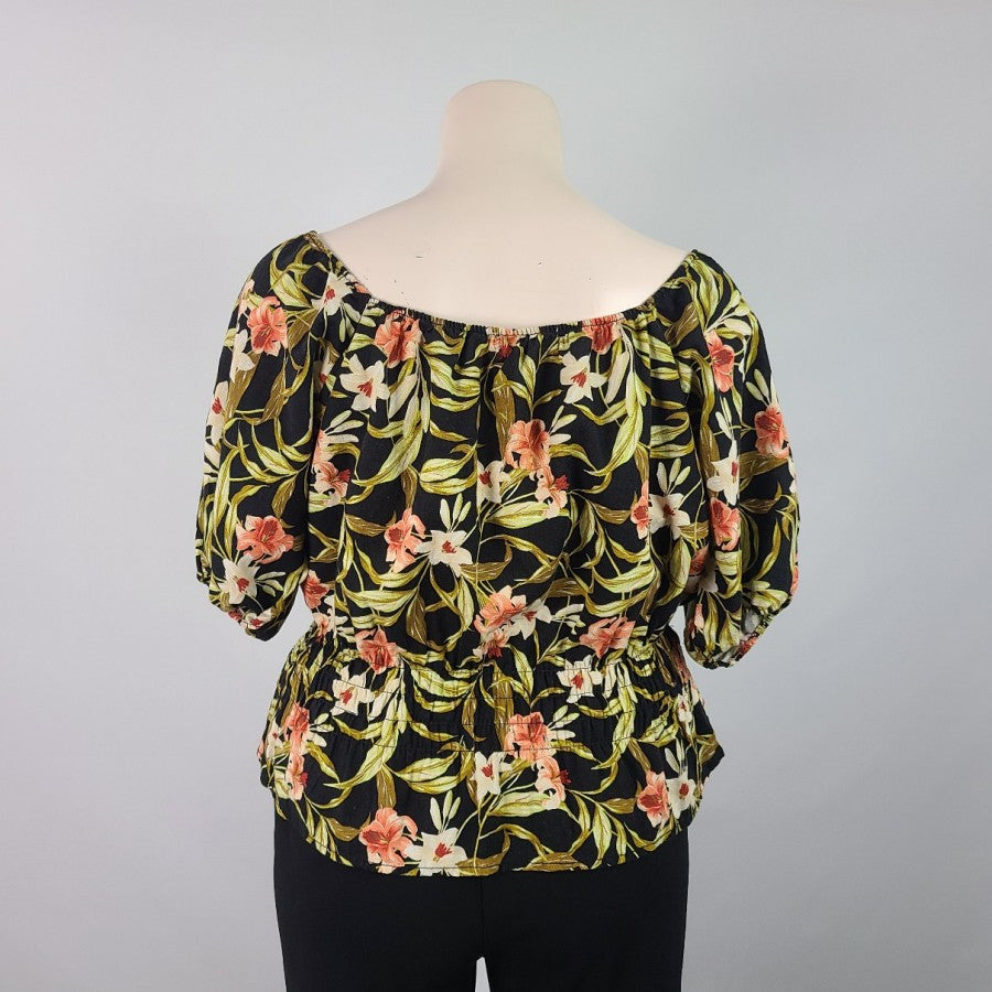 Kensie Jeans Black Floral Linen Cotton Ruffle Peplum Top Size XL