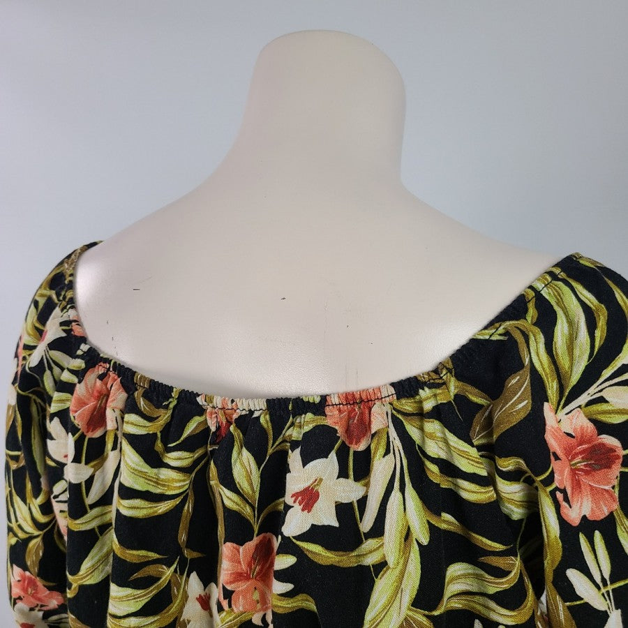 Kensie Jeans Black Floral Linen Cotton Ruffle Peplum Top Size XL