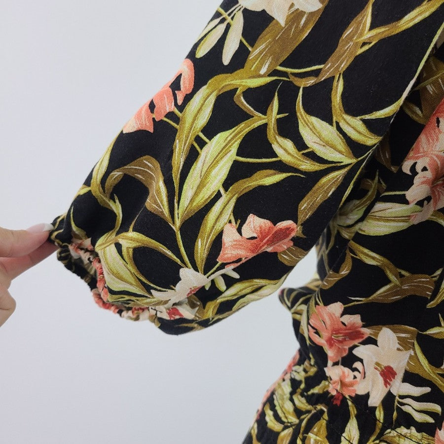 Kensie Jeans Black Floral Linen Cotton Ruffle Peplum Top Size XL