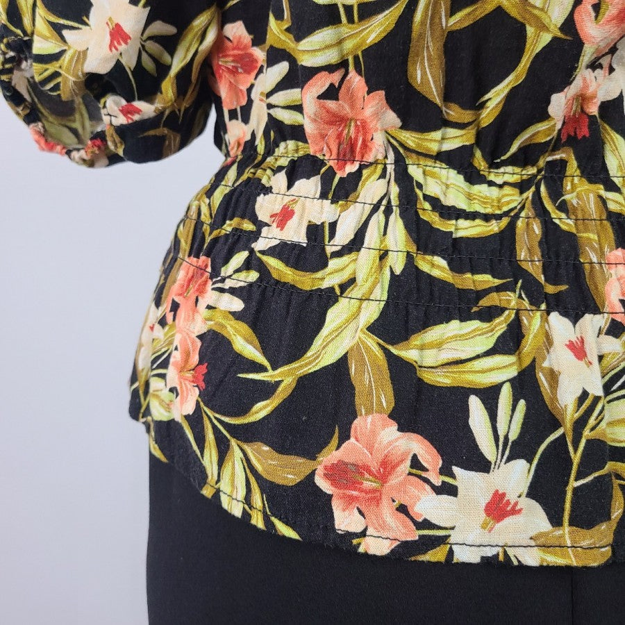 Kensie Jeans Black Floral Linen Cotton Ruffle Peplum Top Size XL