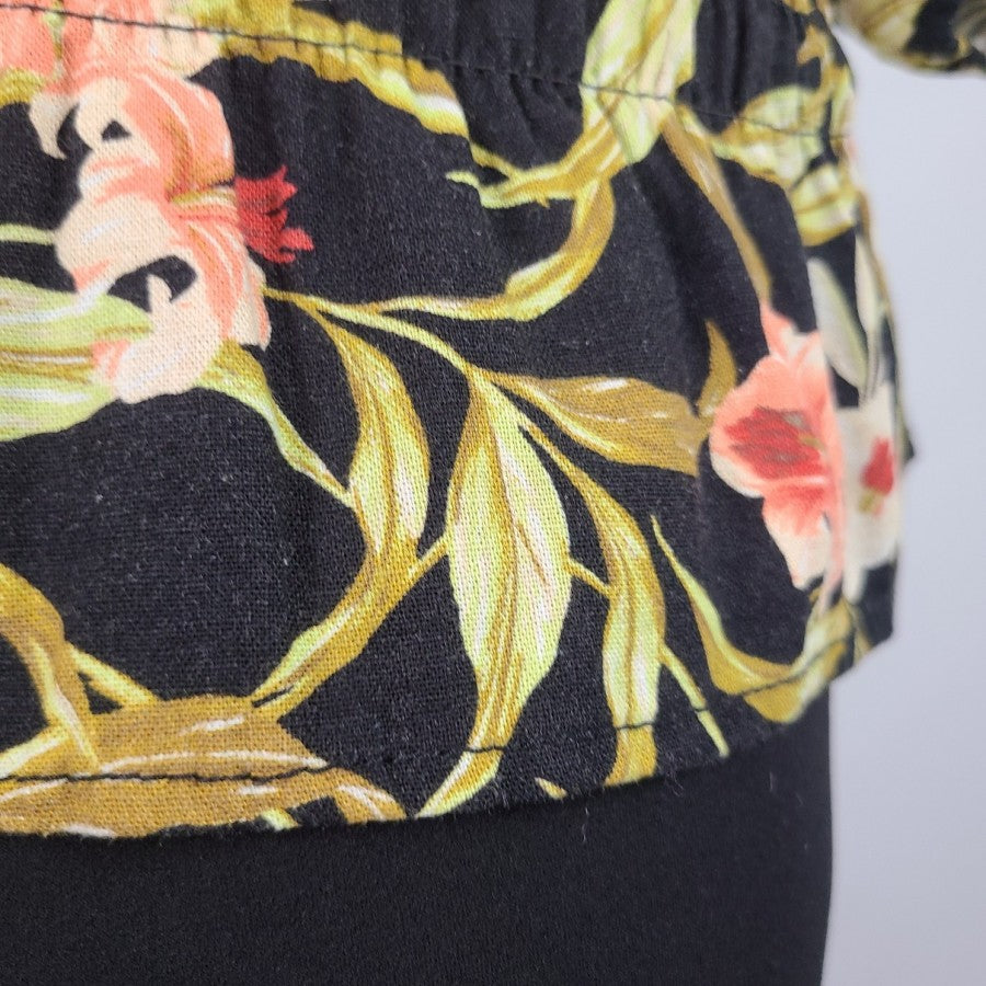 Kensie Jeans Black Floral Linen Cotton Ruffle Peplum Top Size XL