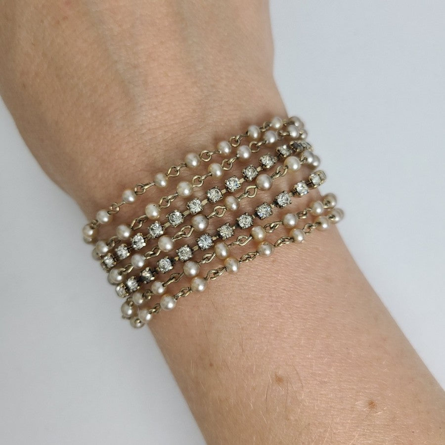 Vintage Faux Pearl Beaded Rhinestone Wide Bracelet