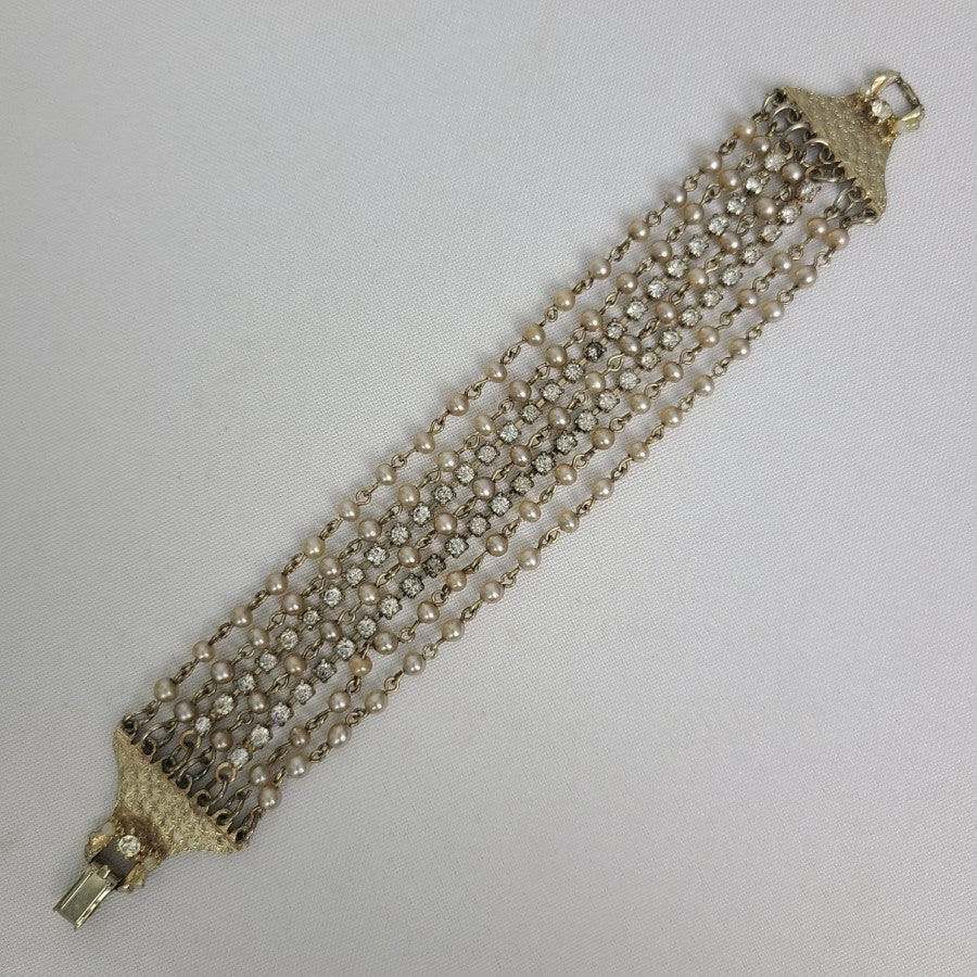 Vintage Faux Pearl Beaded Rhinestone Wide Bracelet