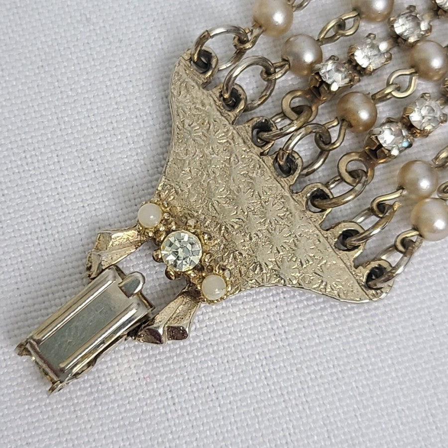 Vintage Faux Pearl Beaded Rhinestone Wide Bracelet