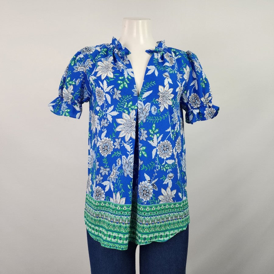 floral & ivy Blue Flower Print Puff Sleeve Top Size S