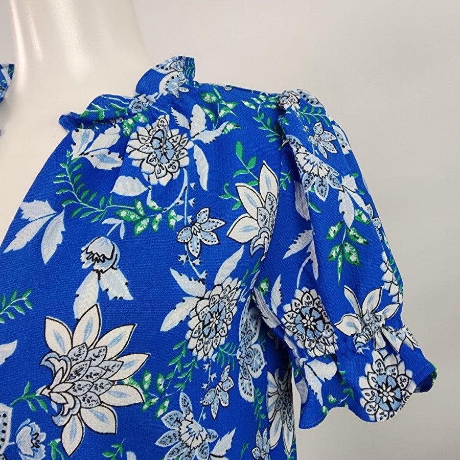 floral & ivy Blue Flower Print Puff Sleeve Top Size S