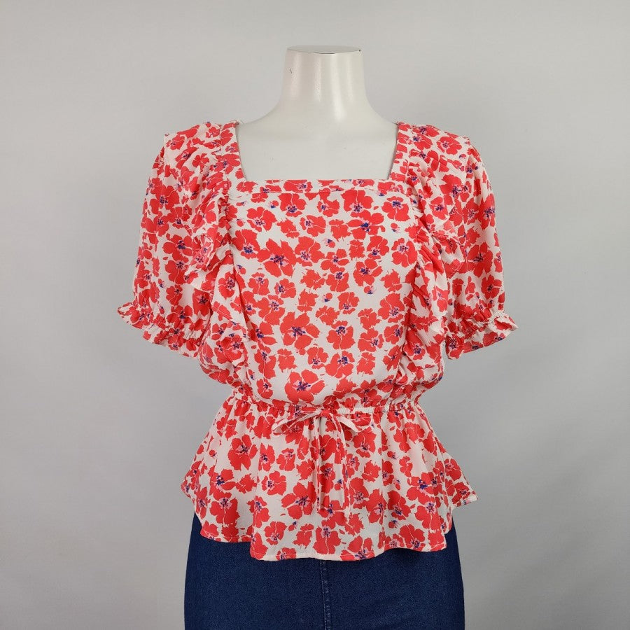 Eclair Red Floral Ruffle Peplum Top Size XS