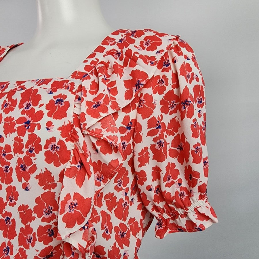 Eclair Red Floral Ruffle Peplum Top Size XS