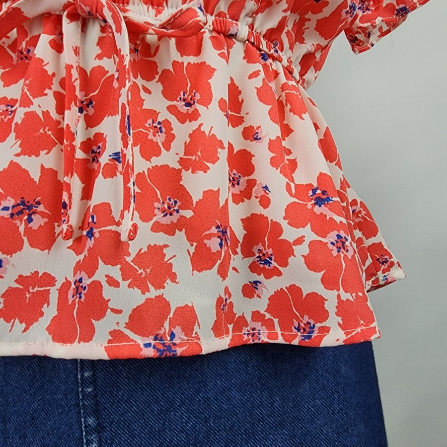 Eclair Red Floral Ruffle Peplum Top Size XS