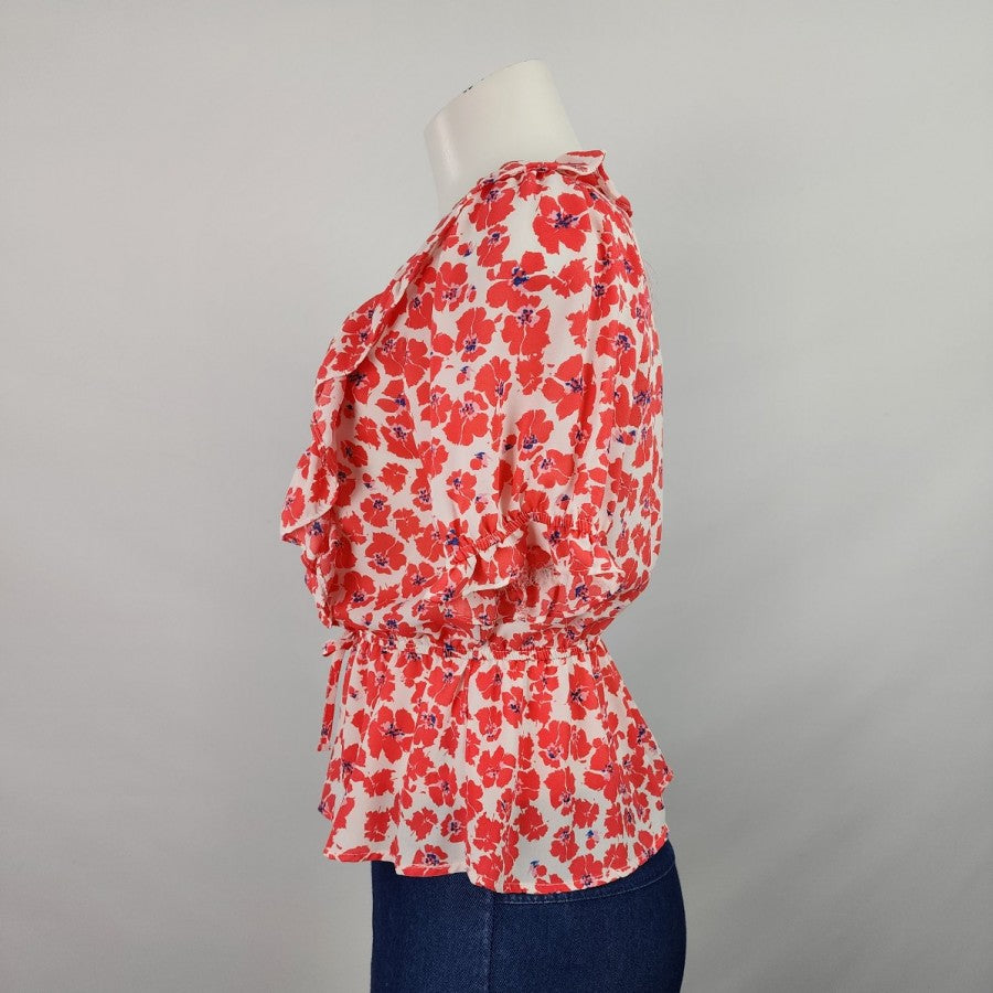 Eclair Red Floral Ruffle Peplum Top Size XS