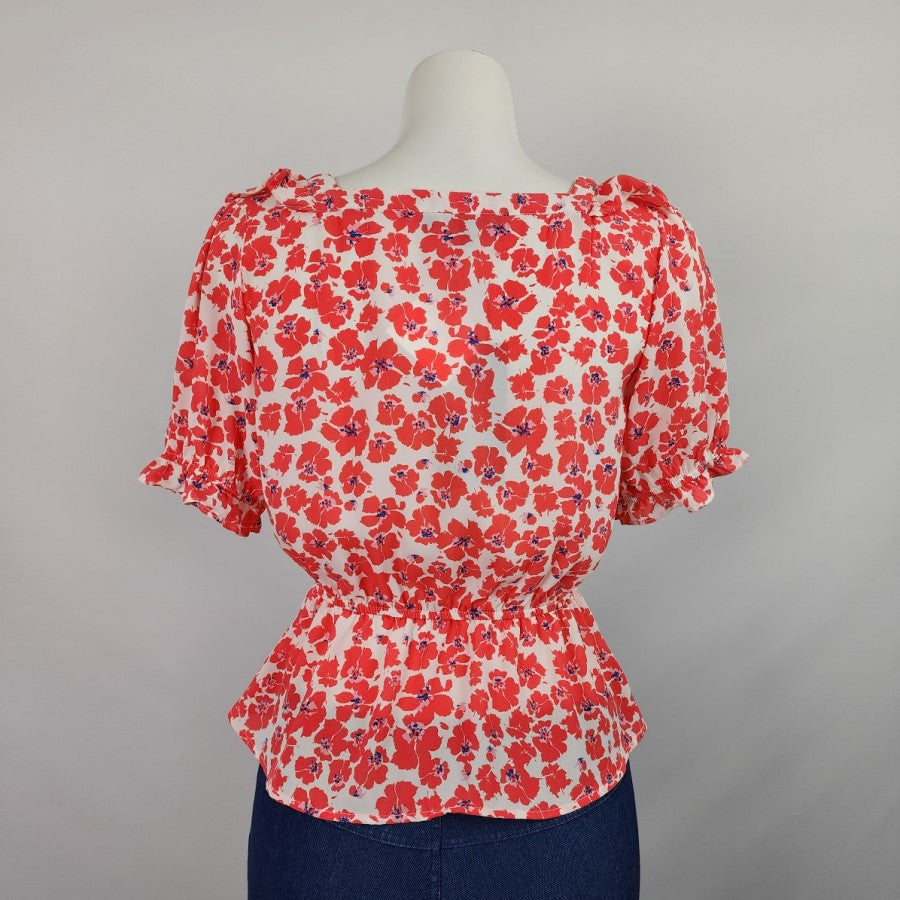 Eclair Red Floral Ruffle Peplum Top Size XS