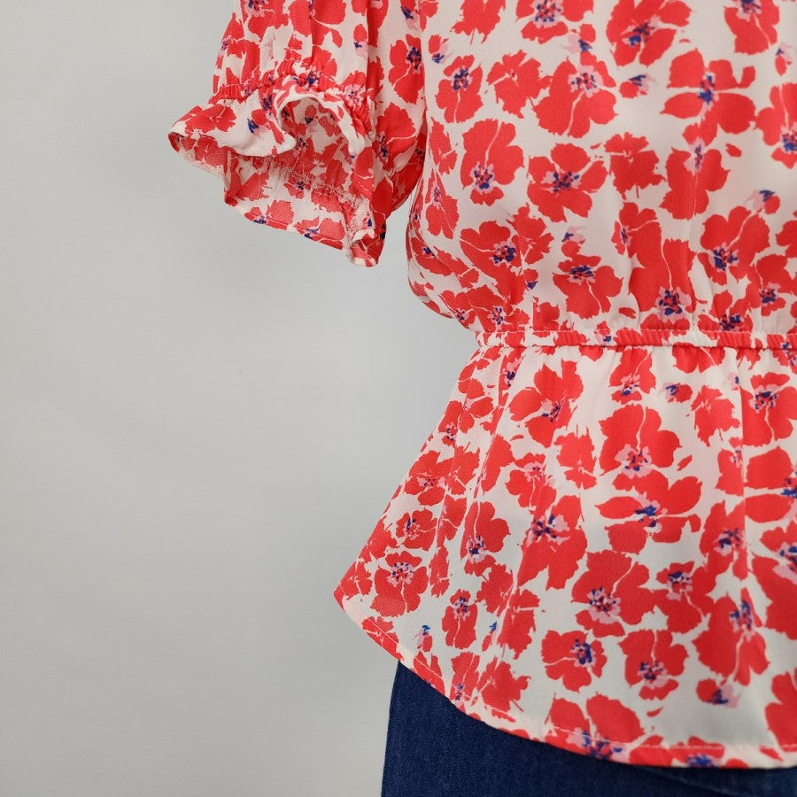 Eclair Red Floral Ruffle Peplum Top Size XS