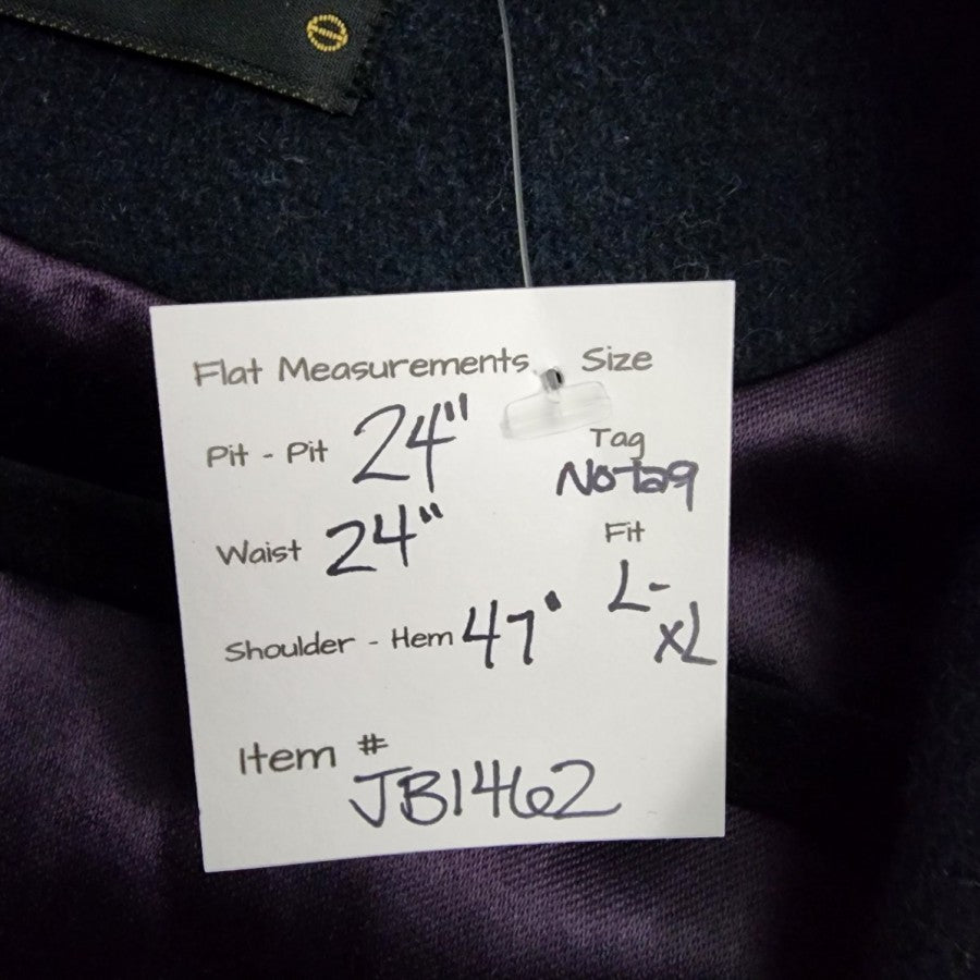 Vintage Blue Wool Leather Trimmed Floral Winter Long Coat Size L