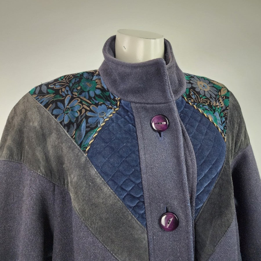 Vintage Blue Wool Leather Trimmed Floral Winter Long Coat Size L