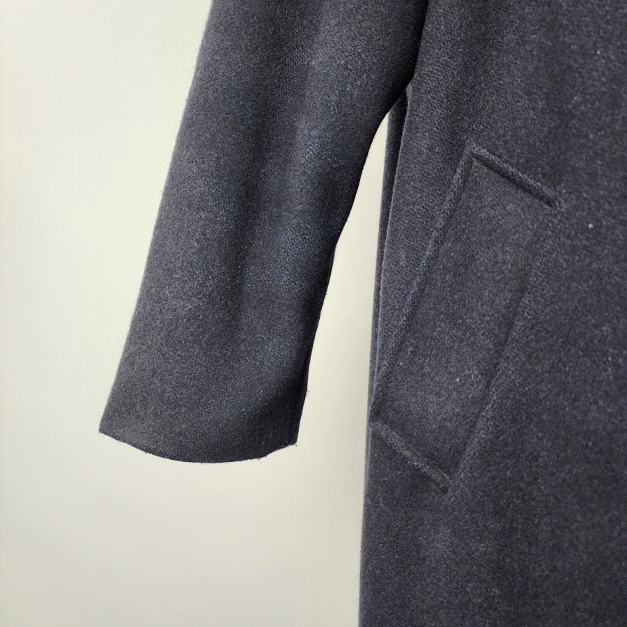 Vintage Blue Wool Leather Trimmed Floral Winter Long Coat Size L