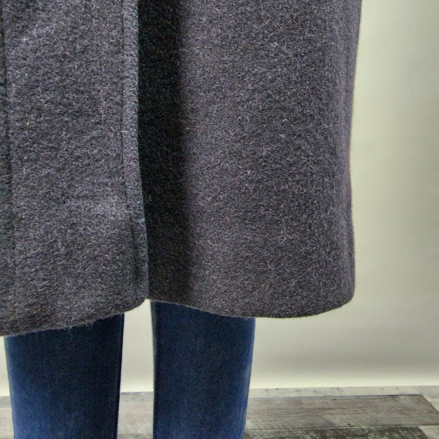Vintage Blue Wool Leather Trimmed Floral Winter Long Coat Size L